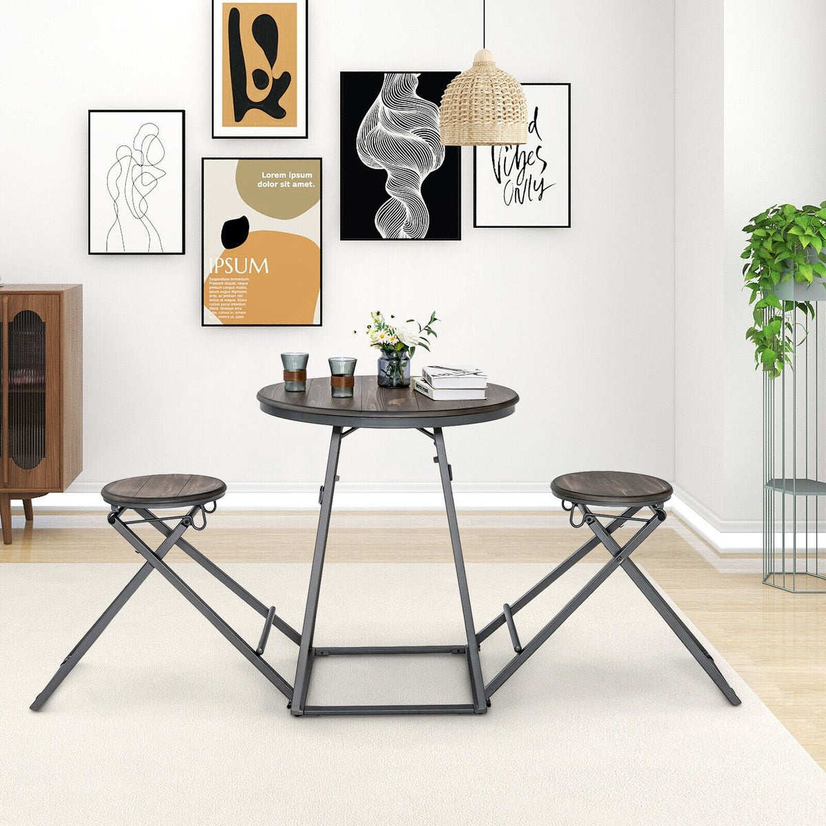 3-teiliges Esstisch-Set mit 2 klappbaren Hockern für kleine Räume – Grau