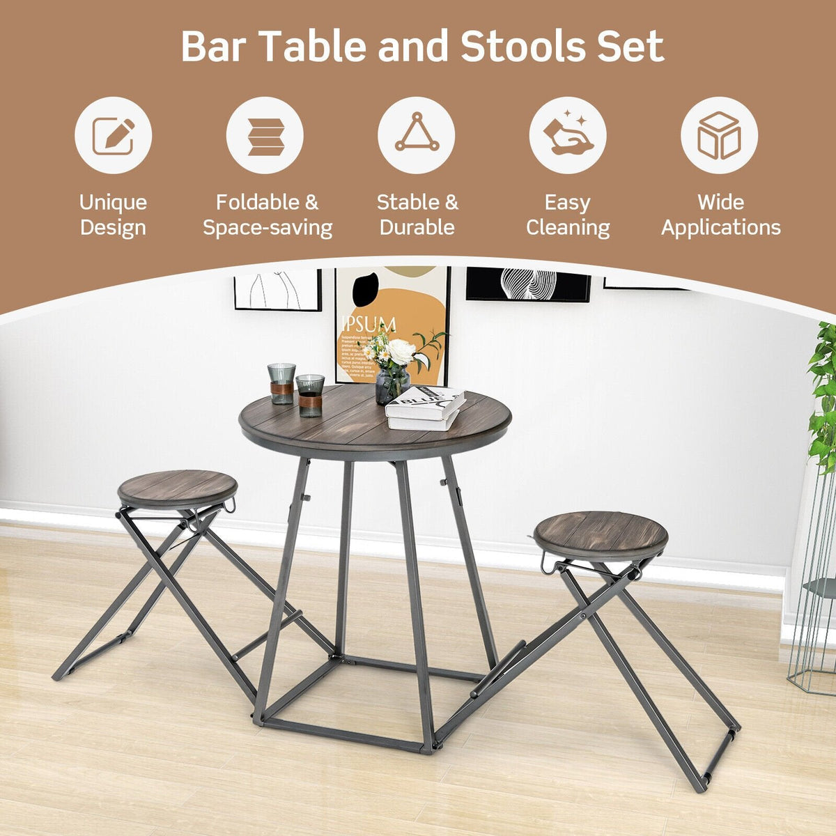 3-teiliges Esstisch-Set mit 2 klappbaren Hockern für kleine Räume – Grau