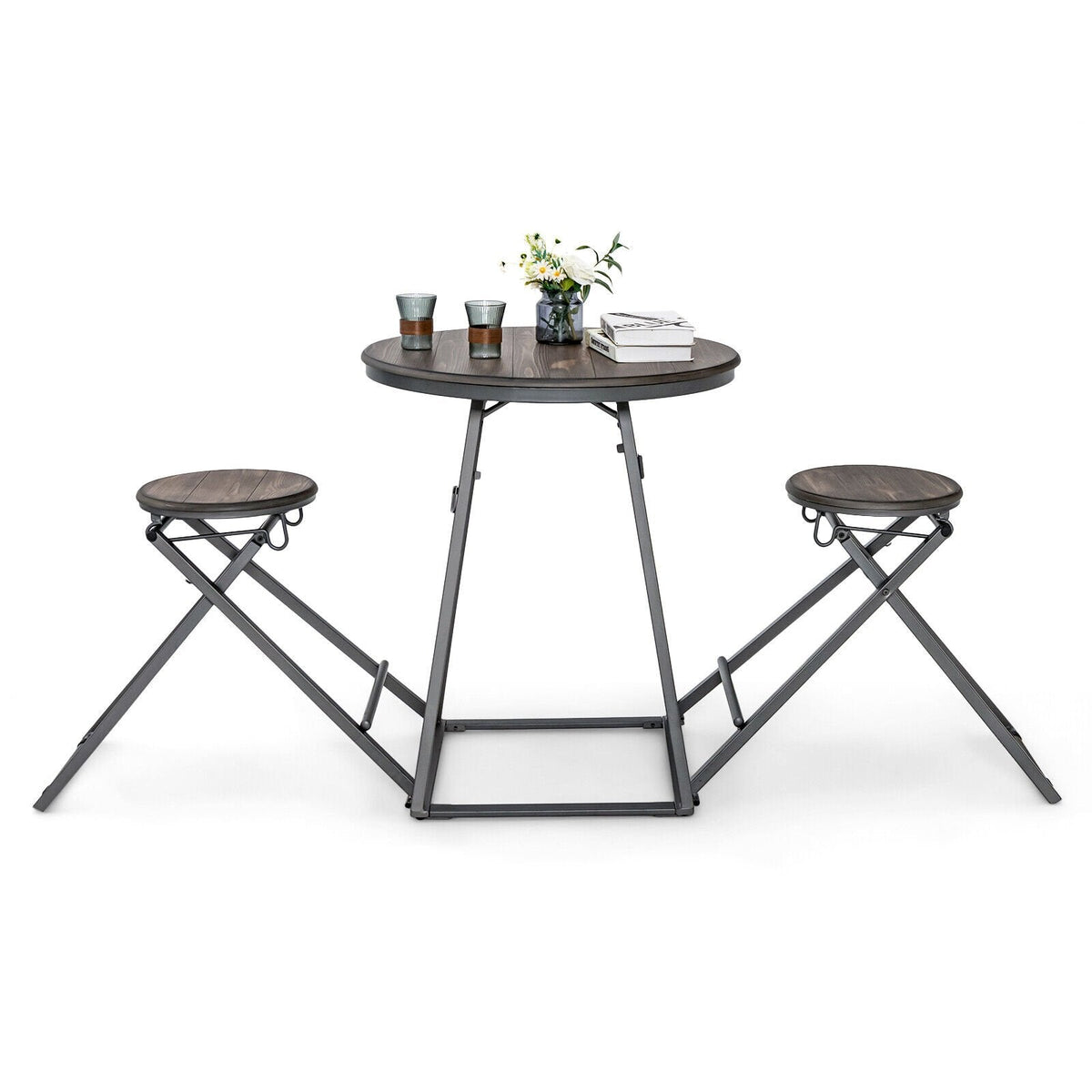 3-teiliges Esstisch-Set mit 2 klappbaren Hockern für kleine Räume – Grau
