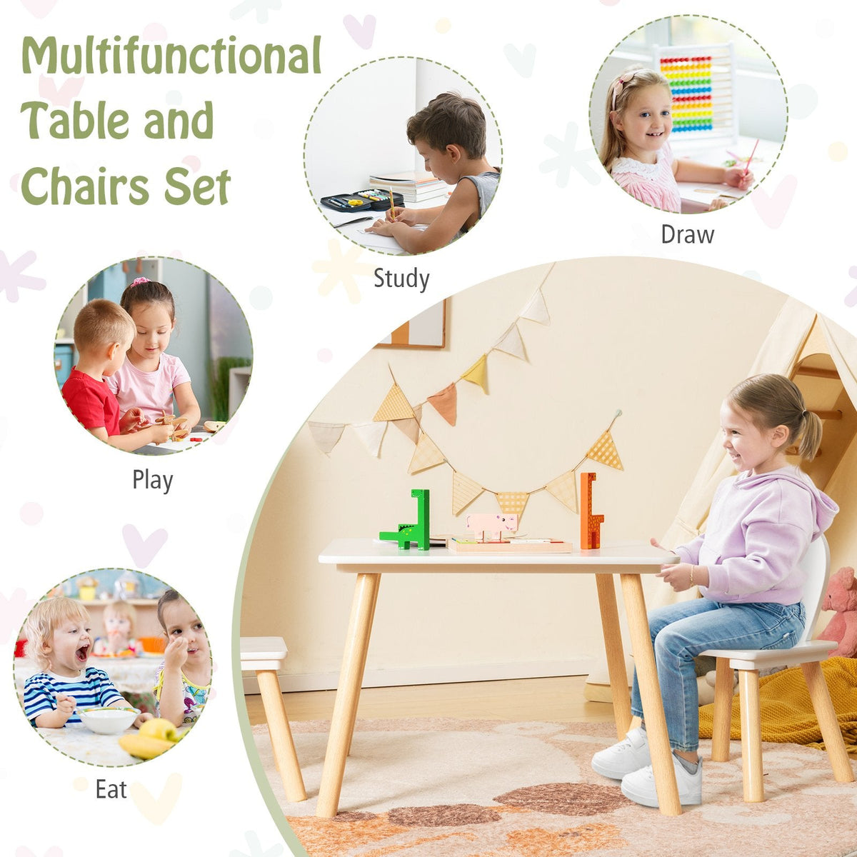 3-teiliges Kinder-Tisch- und Stuhl-Set für Basteln und Snackzeit – Weiß
