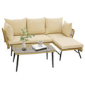 3-teiliges L-förmiges Gartensofa-Set, 127 cm Zweisitzer, 130,8 cm Liege und 92,7 cm Couchtisch aus gehärtetem Glas, khakifarbenes Rattan, beige Kissen