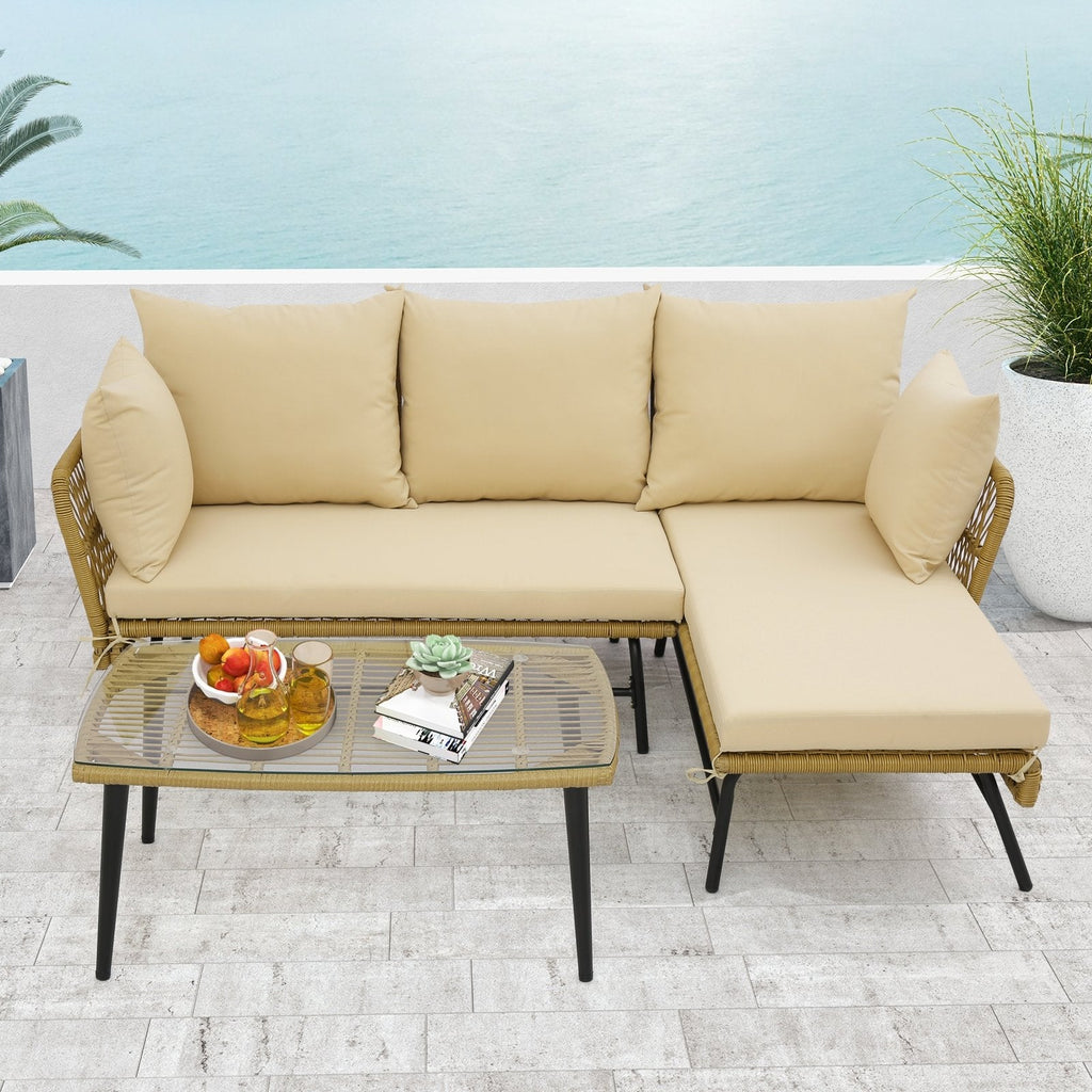 3-teiliges L-förmiges Gartensofa-Set, 127 cm Zweisitzer, 130,8 cm Liege und 92,7 cm Couchtisch aus gehärtetem Glas, khakifarbenes Rattan, beige Kissen