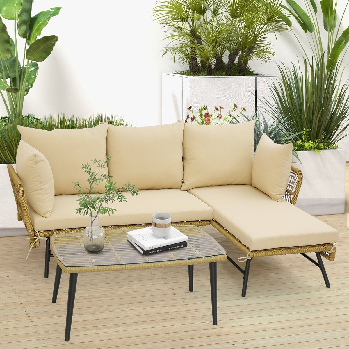 3-teiliges L-förmiges Gartensofa-Set, 127 cm Zweisitzer, 130,8 cm Liege und 92,7 cm Couchtisch aus gehärtetem Glas, khakifarbenes Rattan, beige Kissen