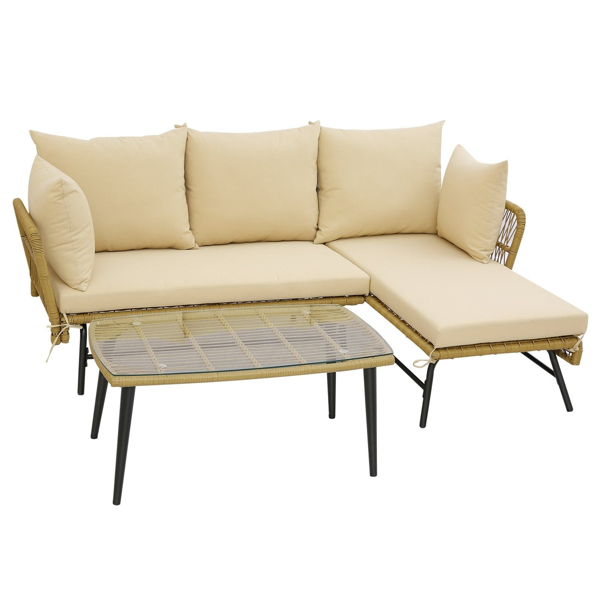 3-teiliges L-förmiges Gartensofa-Set, 127 cm Zweisitzer, 130,8 cm Liege und 92,7 cm Couchtisch aus gehärtetem Glas, khakifarbenes Rattan, beige Kissen