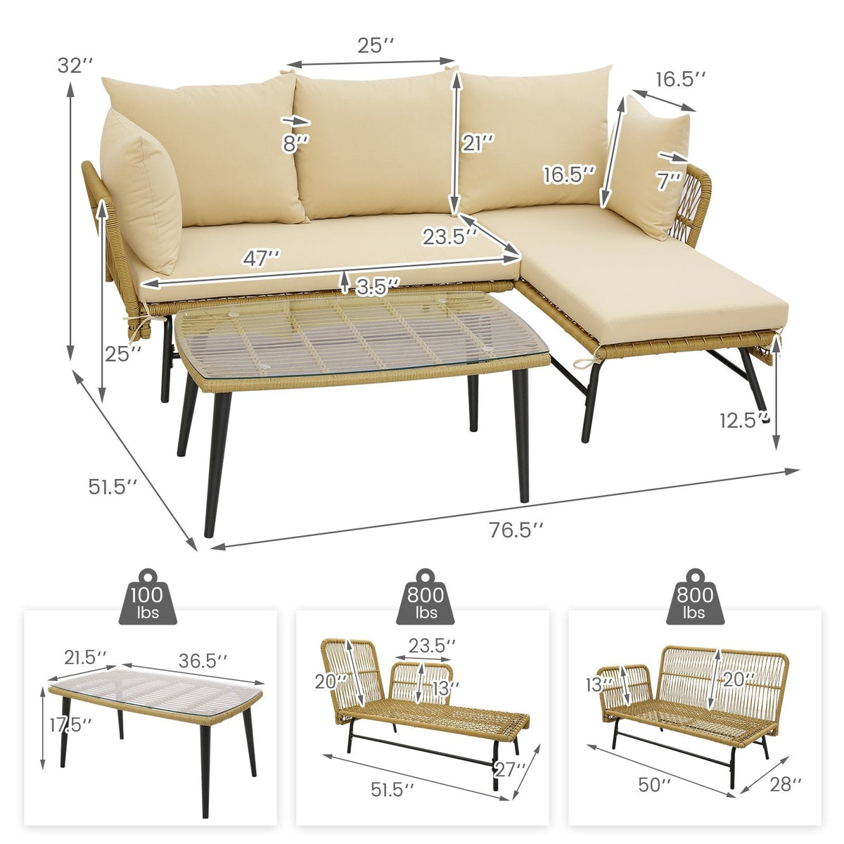 3-teiliges L-förmiges Gartensofa-Set, 127 cm Zweisitzer, 130,8 cm Liege und 92,7 cm Couchtisch aus gehärtetem Glas, khakifarbenes Rattan, beige Kissen