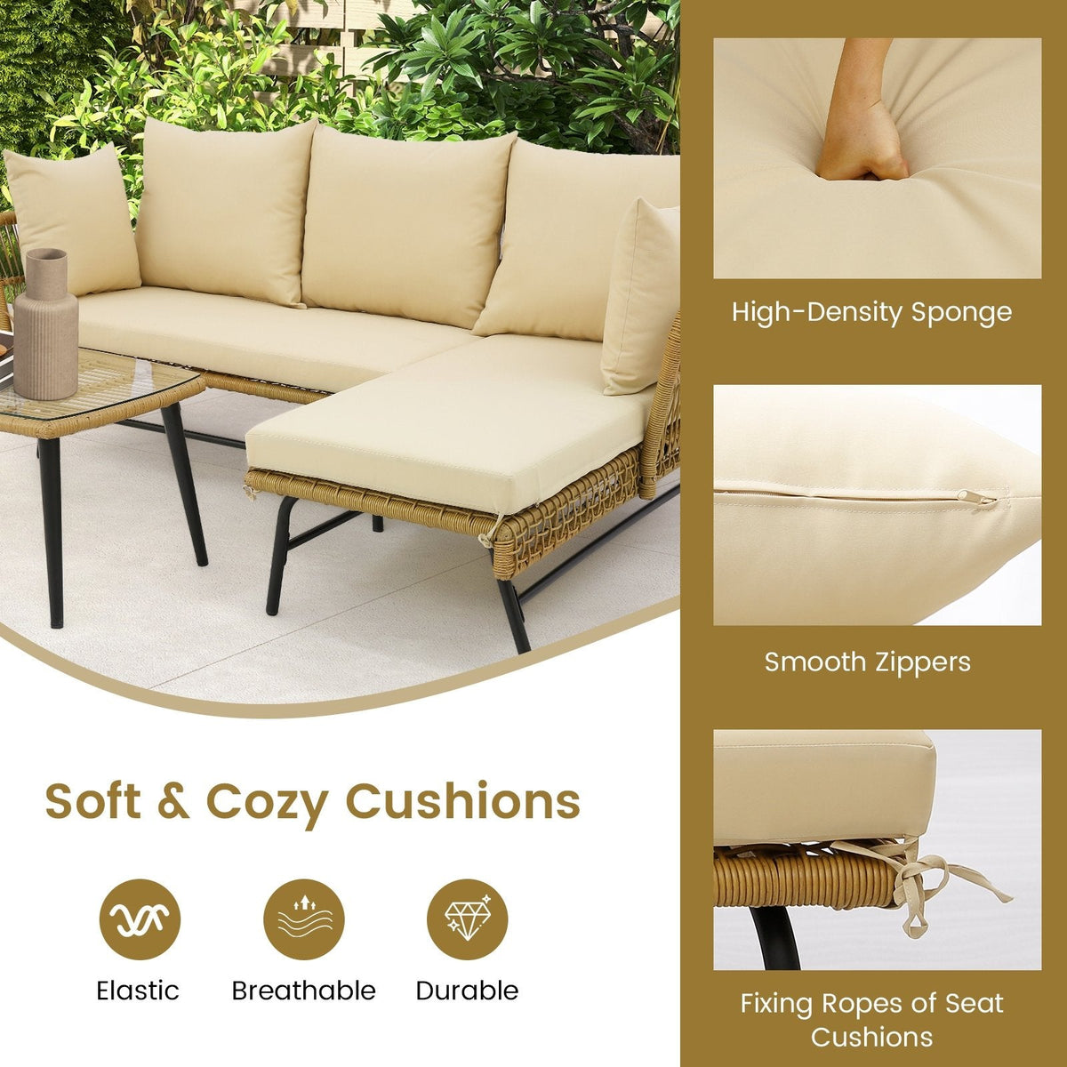 3-teiliges L-förmiges Gartensofa-Set, 127 cm Zweisitzer, 130,8 cm Liege und 92,7 cm Couchtisch aus gehärtetem Glas, khakifarbenes Rattan, beige Kissen
