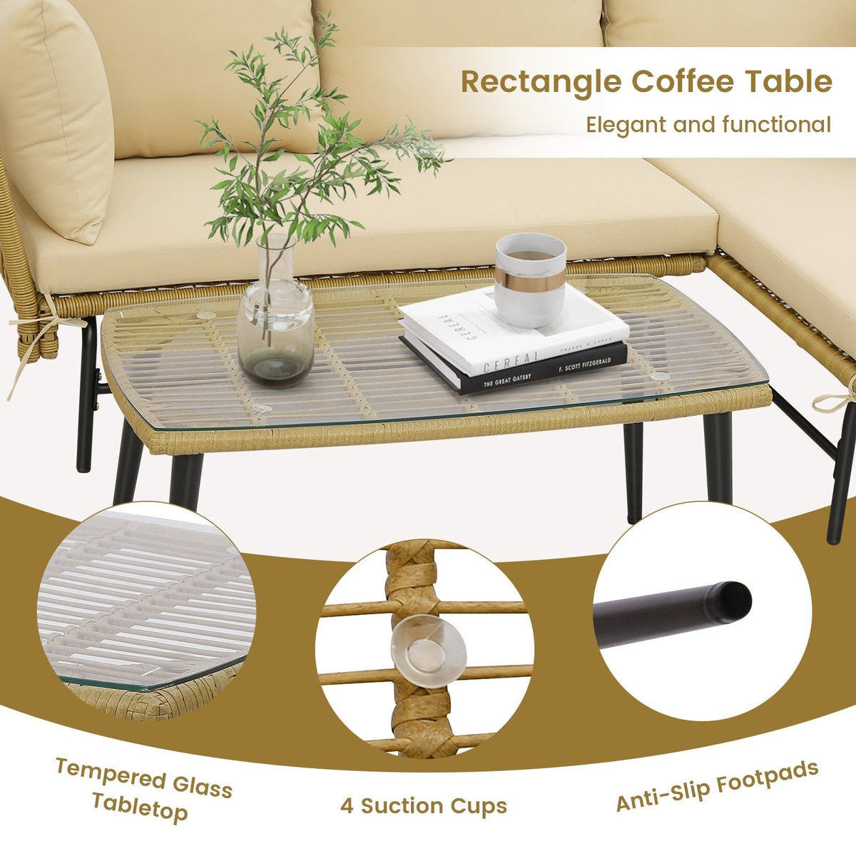3-teiliges L-förmiges Gartensofa-Set, 127 cm Zweisitzer, 130,8 cm Liege und 92,7 cm Couchtisch aus gehärtetem Glas, khakifarbenes Rattan, beige Kissen