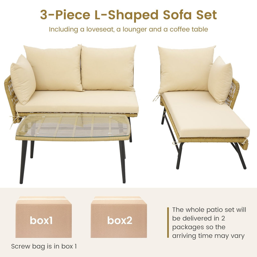 3-teiliges L-förmiges Gartensofa-Set, 127 cm Zweisitzer, 130,8 cm Liege und 92,7 cm Couchtisch aus gehärtetem Glas, khakifarbenes Rattan, beige Kissen