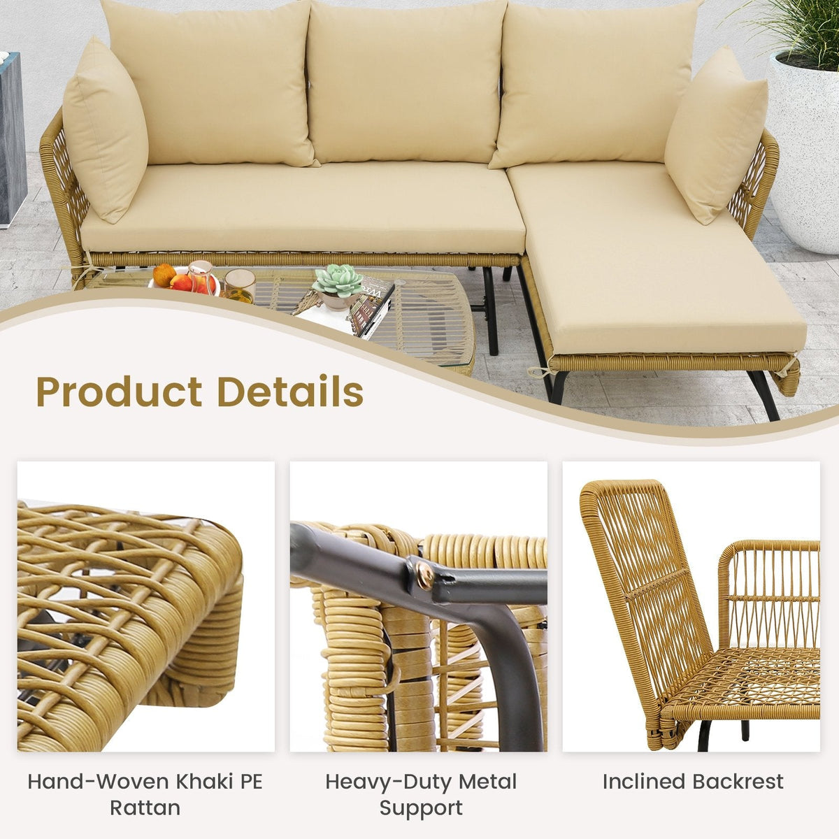 3-teiliges L-förmiges Gartensofa-Set, 127 cm Zweisitzer, 130,8 cm Liege und 92,7 cm Couchtisch aus gehärtetem Glas, khakifarbenes Rattan, beige Kissen