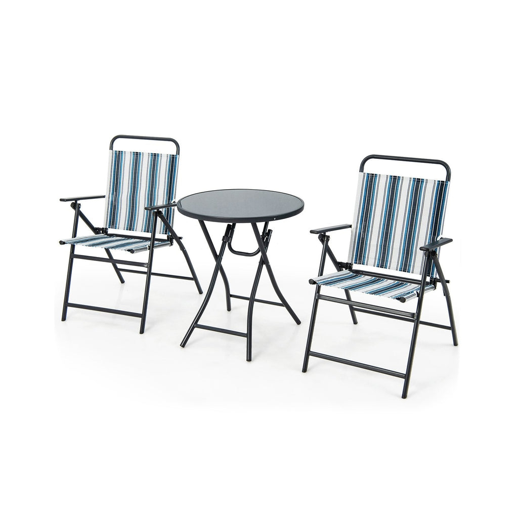 3-teiliges, klappbares Terrassen-Set, 2 klappbare Sling-Stühle bis 150 kg und 23 Zoll runder Klapptisch aus gehärtetem Glas