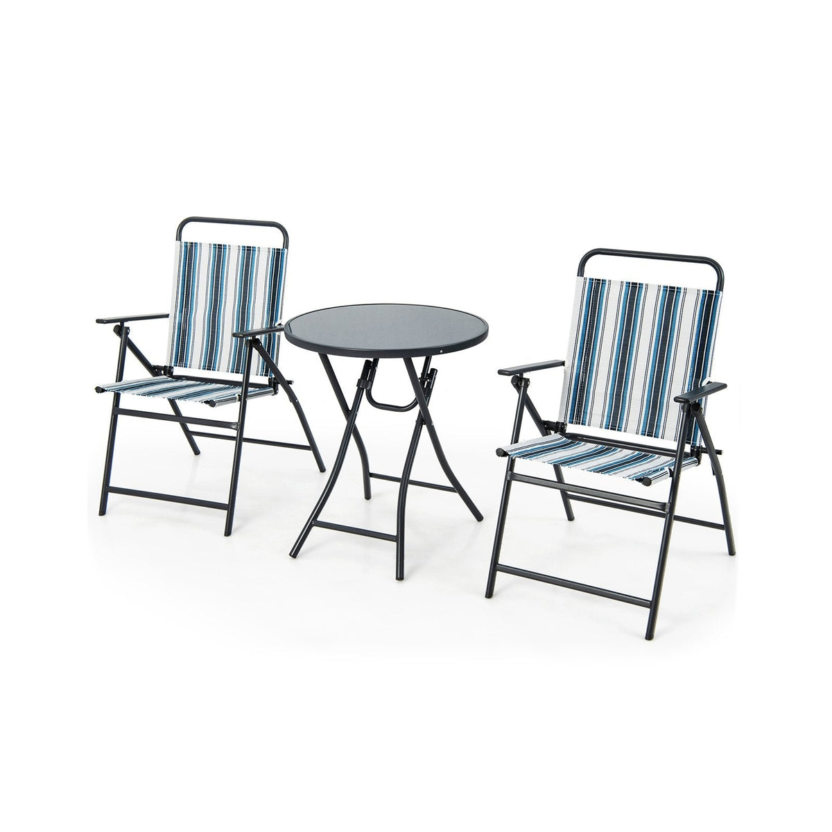 3-teiliges, klappbares Terrassen-Set, 2 klappbare Sling-Stühle bis 150 kg und 23 Zoll runder Klapptisch aus gehärtetem Glas