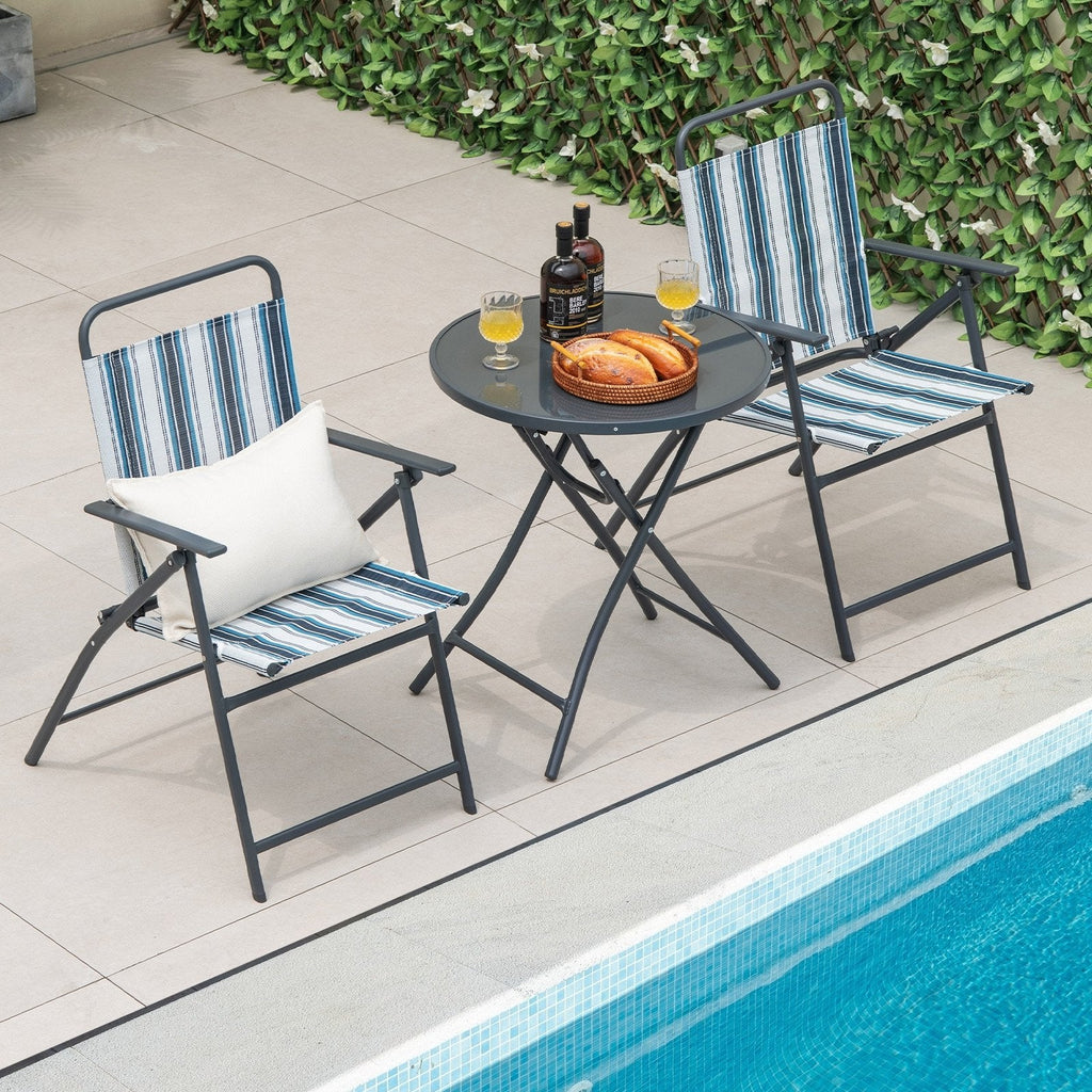 3-teiliges, klappbares Terrassen-Set, 2 klappbare Sling-Stühle bis 150 kg und 23 Zoll runder Klapptisch aus gehärtetem Glas