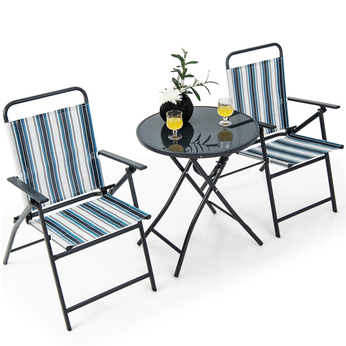 3-teiliges, klappbares Terrassen-Set, 2 klappbare Sling-Stühle bis 150 kg und 23 Zoll runder Klapptisch aus gehärtetem Glas