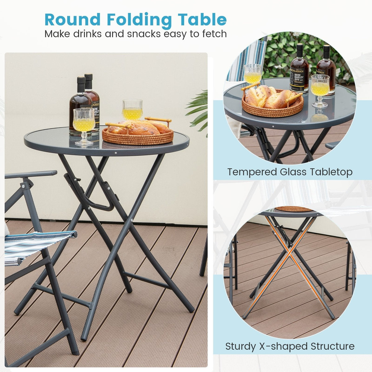 3-teiliges, klappbares Terrassen-Set, 2 klappbare Sling-Stühle bis 150 kg und 23 Zoll runder Klapptisch aus gehärtetem Glas