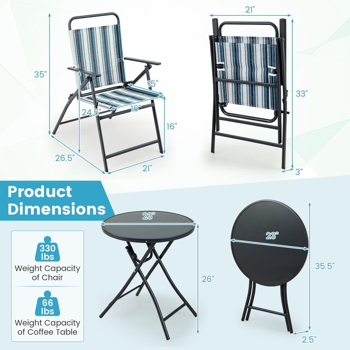 3-teiliges, klappbares Terrassen-Set, 2 klappbare Sling-Stühle bis 150 kg und 23 Zoll runder Klapptisch aus gehärtetem Glas