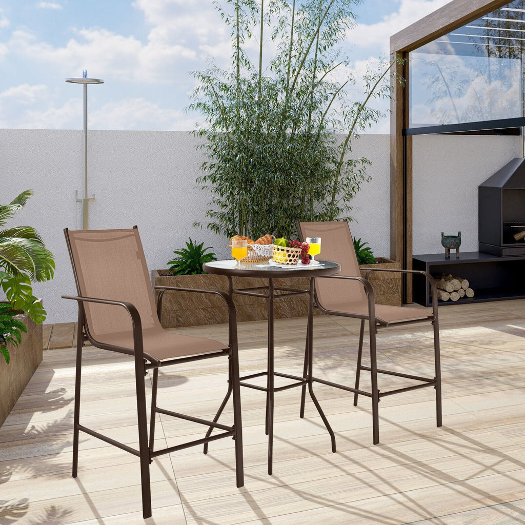 Ensemble de bar de patio 3 pièces, 2 tabourets de bar en textilène d'une capacité de 330 lb avec repose-pieds et table de bar de 27 po en verre trempé à effet vagues
