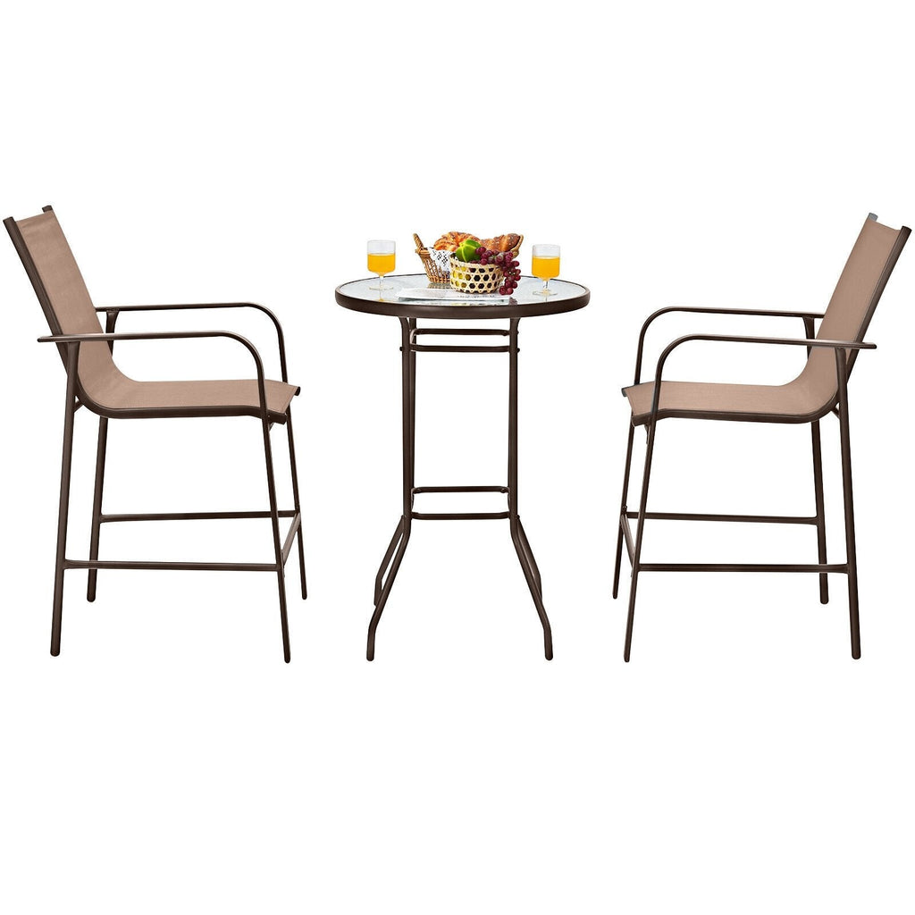 Ensemble de bar de patio 3 pièces, 2 tabourets de bar en textilène d'une capacité de 330 lb avec repose-pieds et table de bar de 27 po en verre trempé à effet vagues