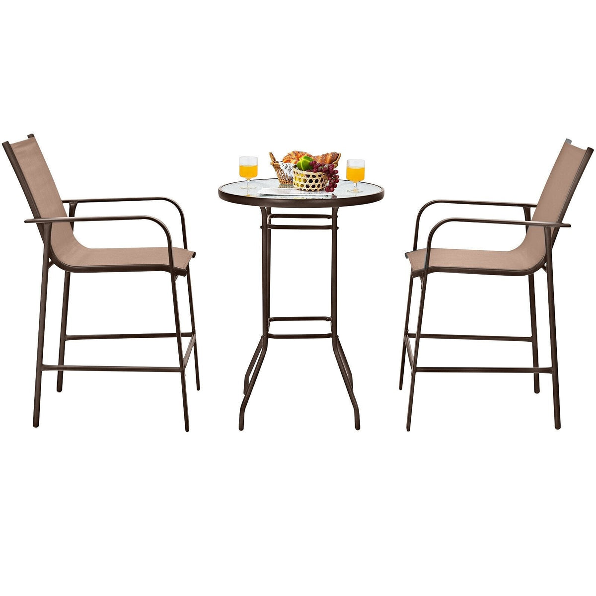 Ensemble de bar de patio 3 pièces, 2 tabourets de bar en textilène d'une capacité de 330 lb avec repose-pieds et table de bar de 27 po en verre trempé à effet vagues