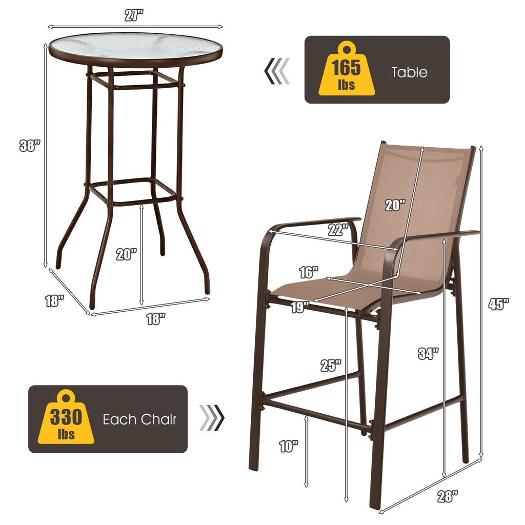 Ensemble de bar de patio 3 pièces, 2 tabourets de bar en textilène d'une capacité de 330 lb avec repose-pieds et table de bar de 27 po en verre trempé à effet vagues