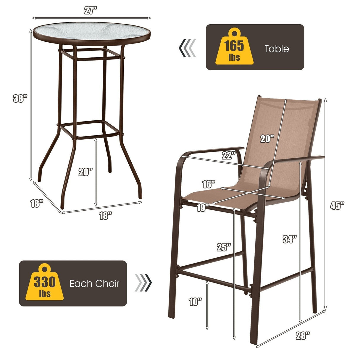 Ensemble de bar de patio 3 pièces, 2 tabourets de bar en textilène d'une capacité de 330 lb avec repose-pieds et table de bar de 27 po en verre trempé à effet vagues