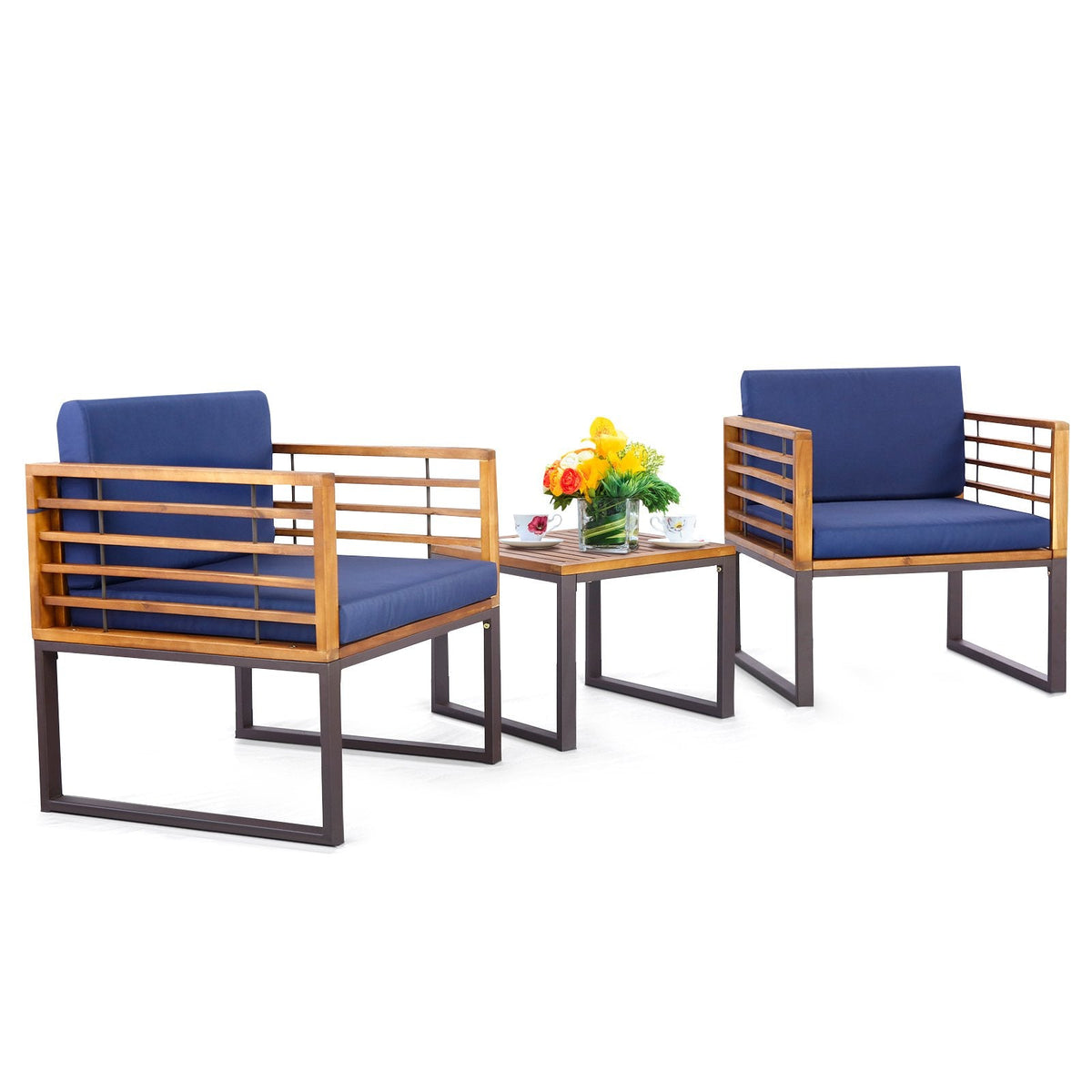 Juego de Conversación para Patio de 3 Piezas, 2 Sillas con Estructura de Metal Soportan 400 lb con Respaldo de Listones de Acacia, Cojines Azul Marino con Cuerdas de Amarre y Mesa de 20 in con Tapa de Madera