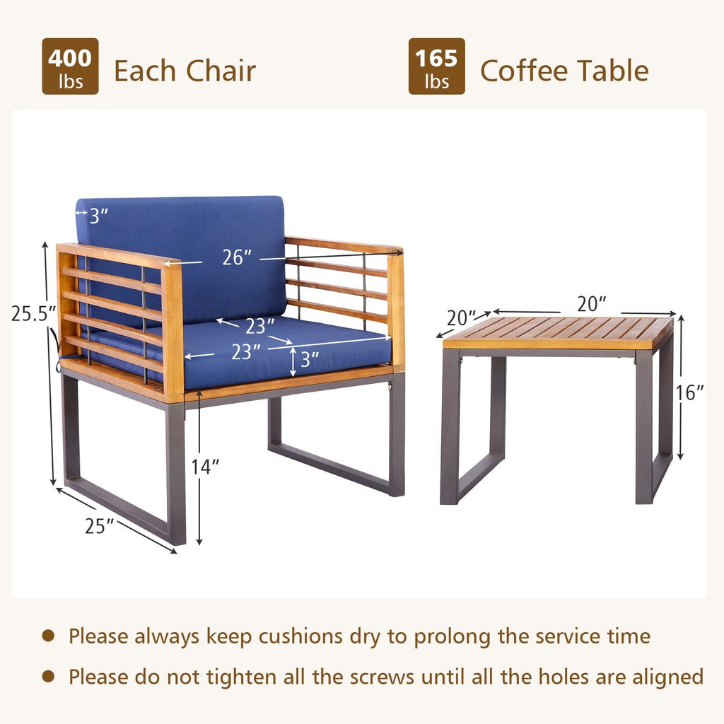 Juego de Conversación para Patio de 3 Piezas, 2 Sillas con Estructura de Metal Soportan 400 lb con Respaldo de Listones de Acacia, Cojines Azul Marino con Cuerdas de Amarre y Mesa de 20 in con Tapa de Madera