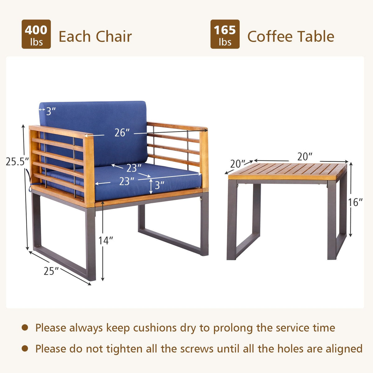 Juego de Conversación para Patio de 3 Piezas, 2 Sillas con Estructura de Metal Soportan 400 lb con Respaldo de Listones de Acacia, Cojines Azul Marino con Cuerdas de Amarre y Mesa de 20 in con Tapa de Madera