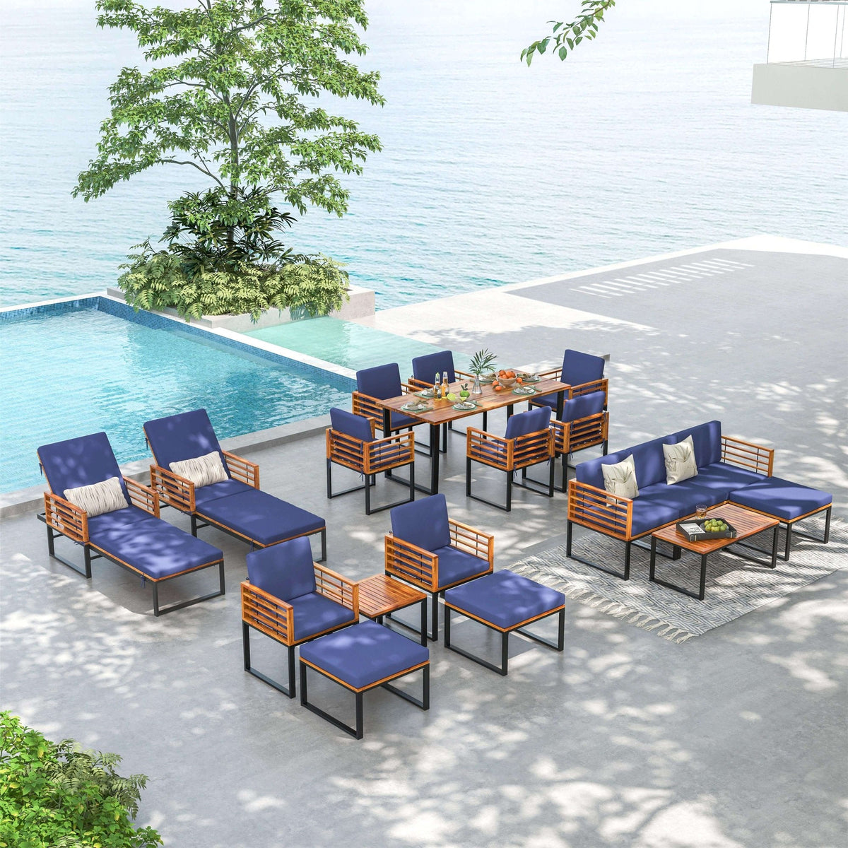 Juego de Conversación para Patio de 3 Piezas, 2 Sillas con Estructura de Metal Soportan 400 lb con Respaldo de Listones de Acacia, Cojines Azul Marino con Cuerdas de Amarre y Mesa de 20 in con Tapa de Madera