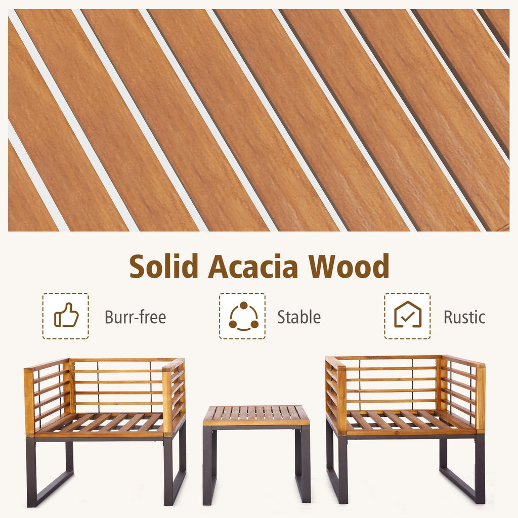 Juego de Conversación para Patio de 3 Piezas, 2 Sillas con Estructura de Metal Soportan 400 lb con Respaldo de Listones de Acacia, Cojines Azul Marino con Cuerdas de Amarre y Mesa de 20 in con Tapa de Madera