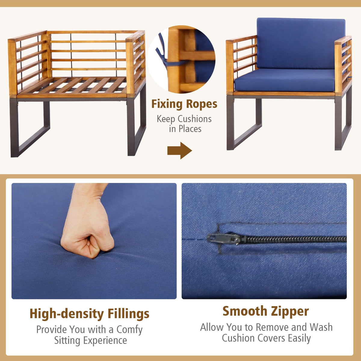 Juego de Conversación para Patio de 3 Piezas, 2 Sillas con Estructura de Metal Soportan 400 lb con Respaldo de Listones de Acacia, Cojines Azul Marino con Cuerdas de Amarre y Mesa de 20 in con Tapa de Madera