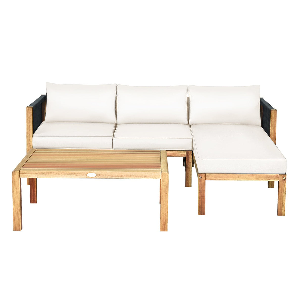 Ensemble de salon de jardin 3 pièces en bois d’acacia, avec causeuse, méridienne et table basse de 40 pouces à côtés en corde, coussins crème