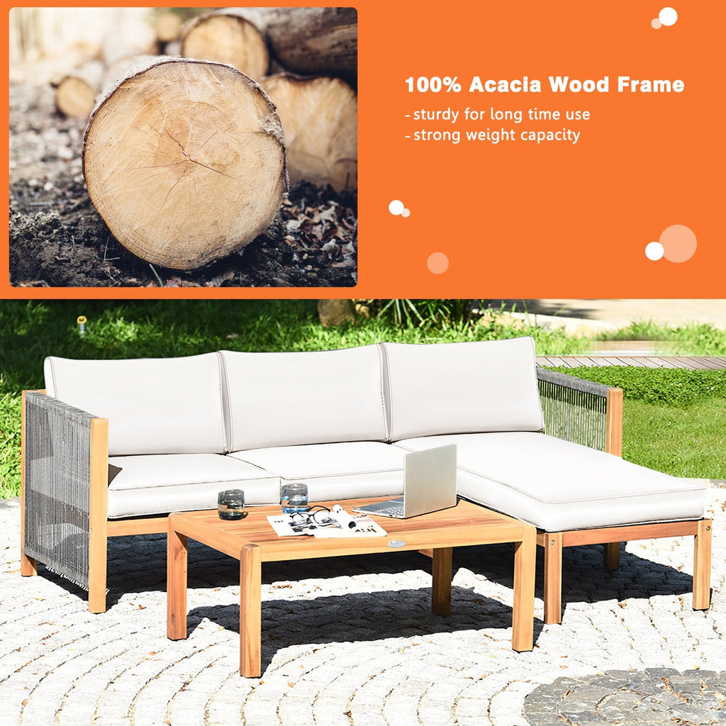 Ensemble de salon de jardin 3 pièces en bois d’acacia, avec causeuse, méridienne et table basse de 40 pouces à côtés en corde, coussins crème
