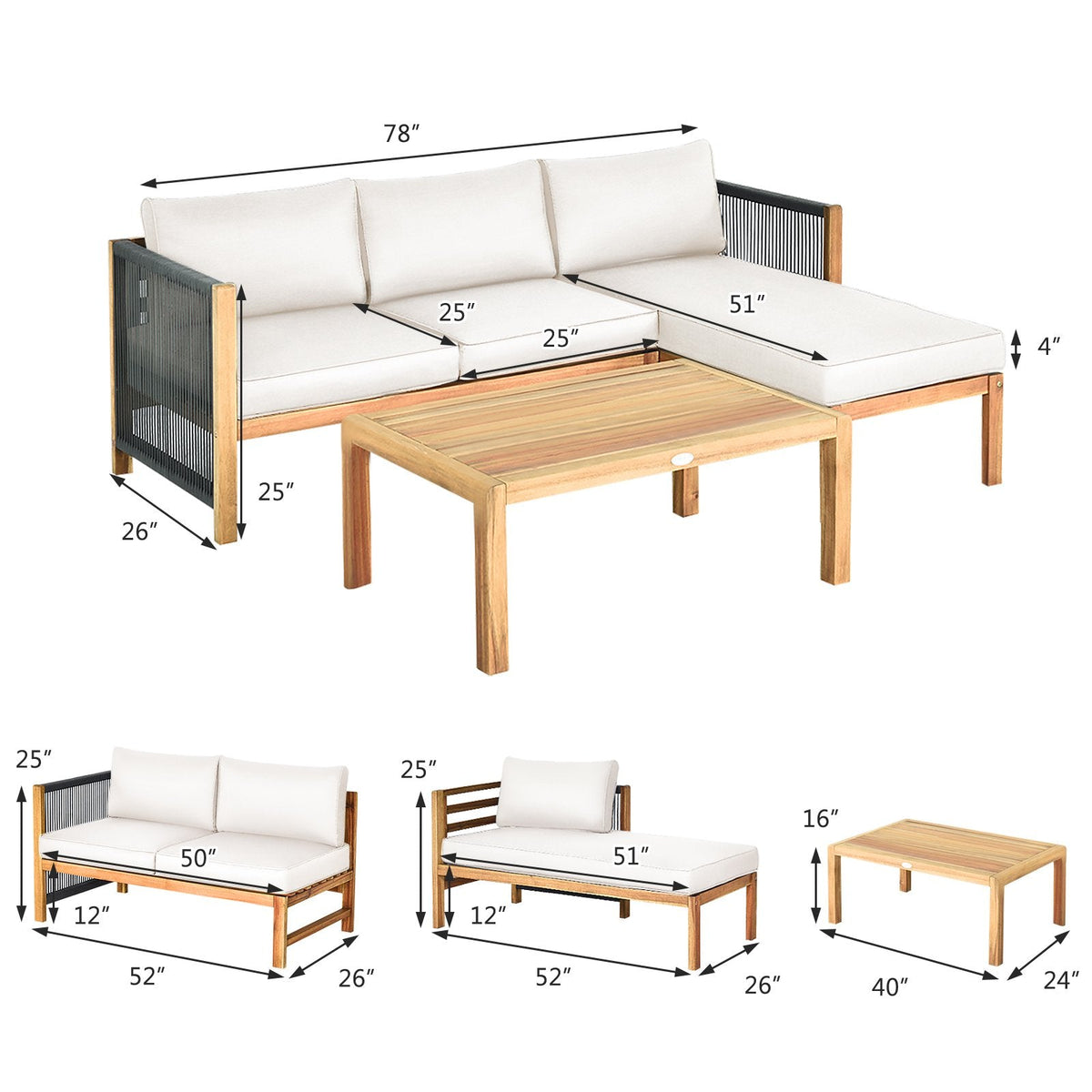Ensemble de salon de jardin 3 pièces en bois d’acacia, avec causeuse, méridienne et table basse de 40 pouces à côtés en corde, coussins crème