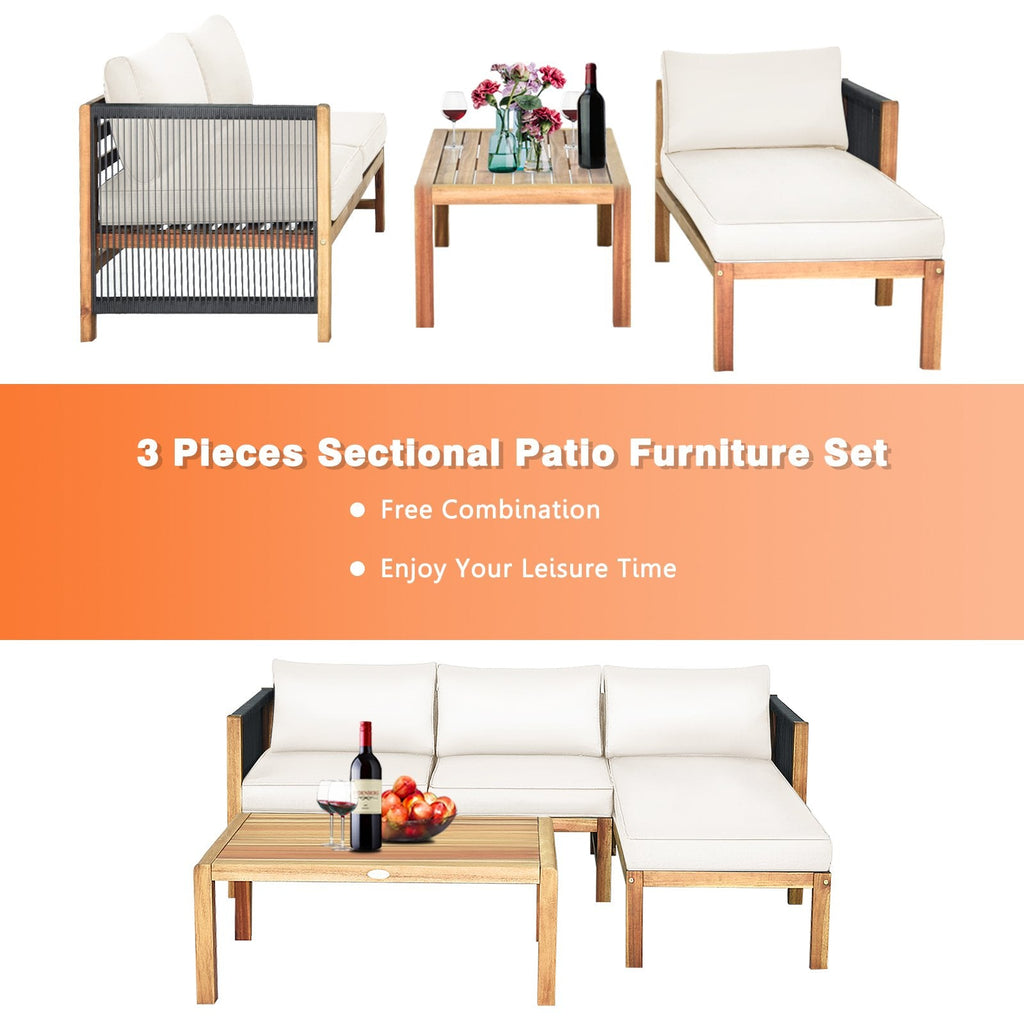 Ensemble de salon de jardin 3 pièces en bois d’acacia, avec causeuse, méridienne et table basse de 40 pouces à côtés en corde, coussins crème