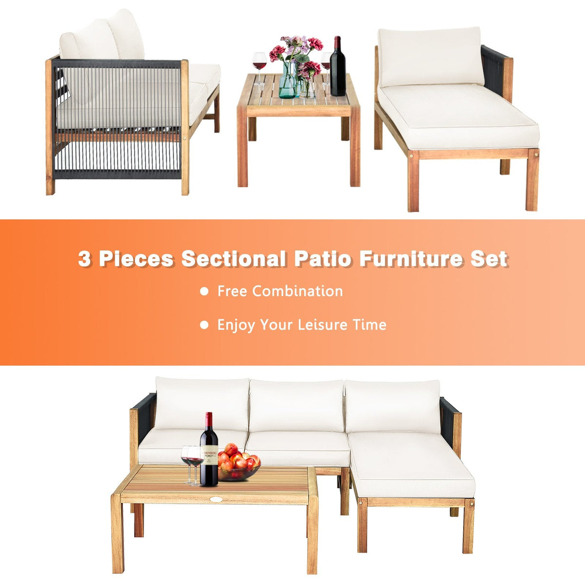 Ensemble de salon de jardin 3 pièces en bois d’acacia, avec causeuse, méridienne et table basse de 40 pouces à côtés en corde, coussins crème