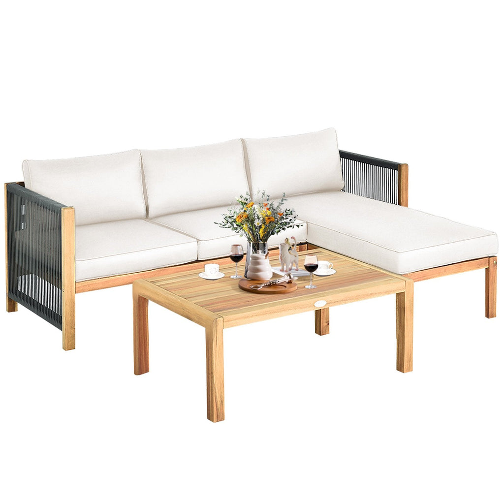 Ensemble de salon de jardin 3 pièces en bois d’acacia, avec causeuse, méridienne et table basse de 40 pouces à côtés en corde, coussins crème