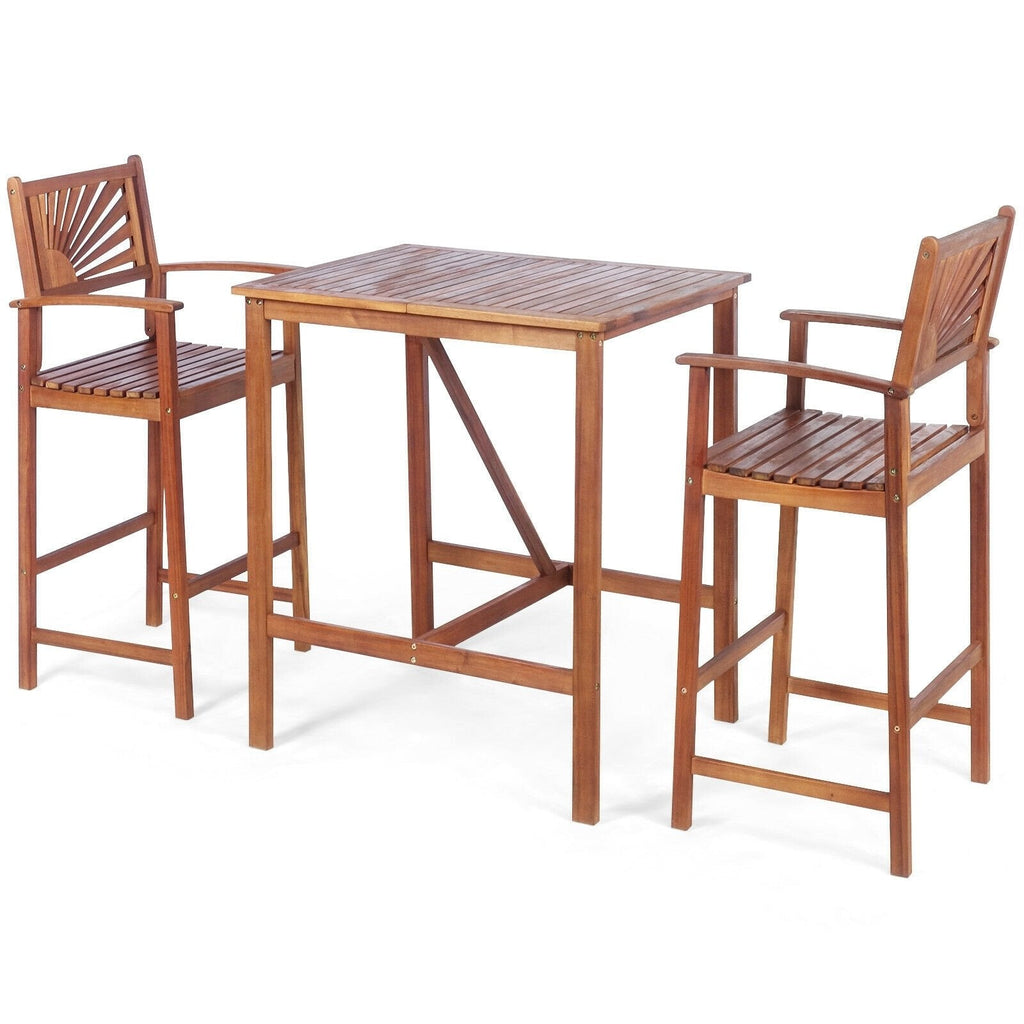 Ensemble de bar de patio 3 pièces en bois d'acacia avec dossier à motif de tournesol