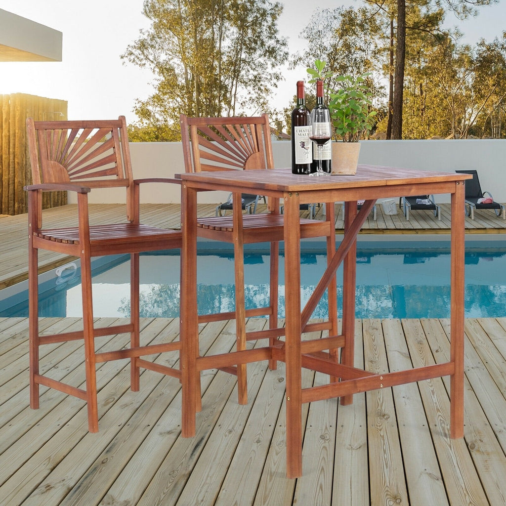 Ensemble de bar de patio 3 pièces en bois d'acacia avec dossier à motif de tournesol