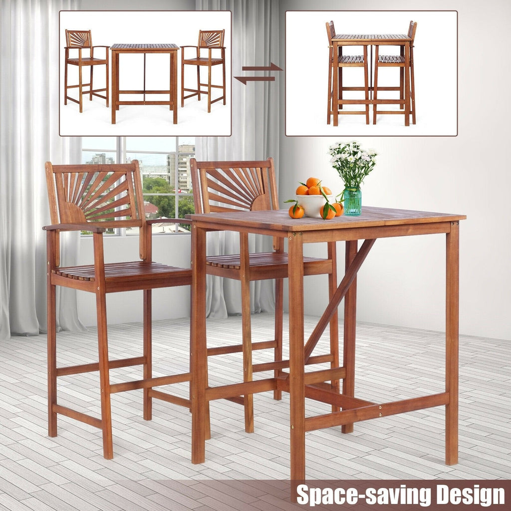 Ensemble de bar de patio 3 pièces en bois d'acacia avec dossier à motif de tournesol