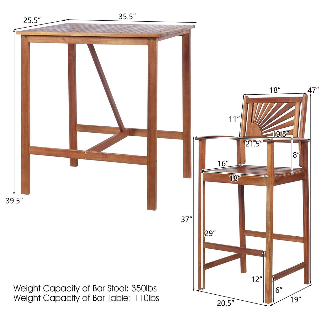 Ensemble de bar de patio 3 pièces en bois d'acacia avec dossier à motif de tournesol