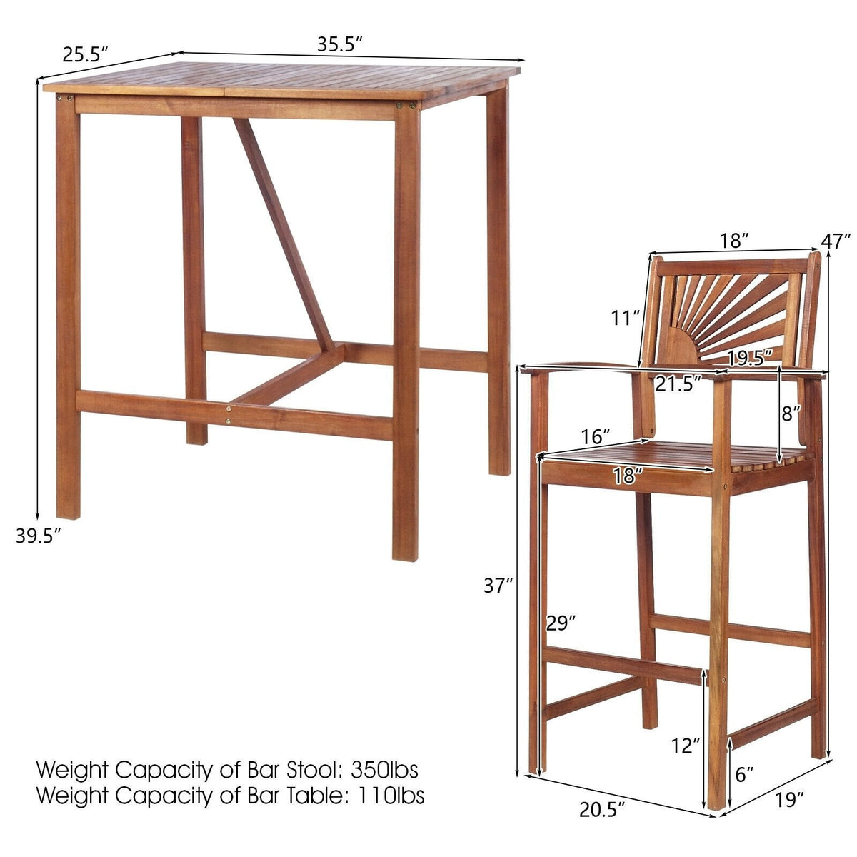 Ensemble de bar de patio 3 pièces en bois d'acacia avec dossier à motif de tournesol