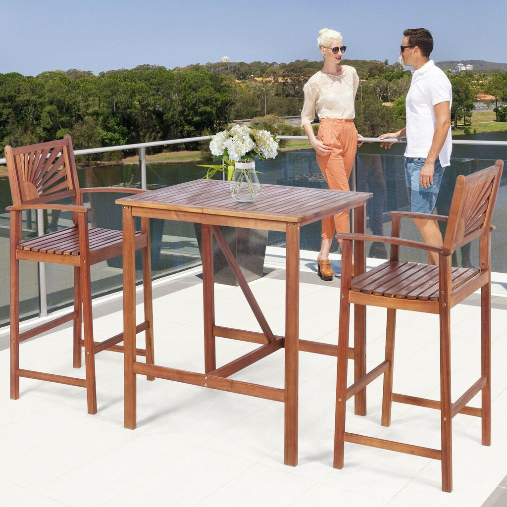 Ensemble de bar de patio 3 pièces en bois d'acacia avec dossier à motif de tournesol