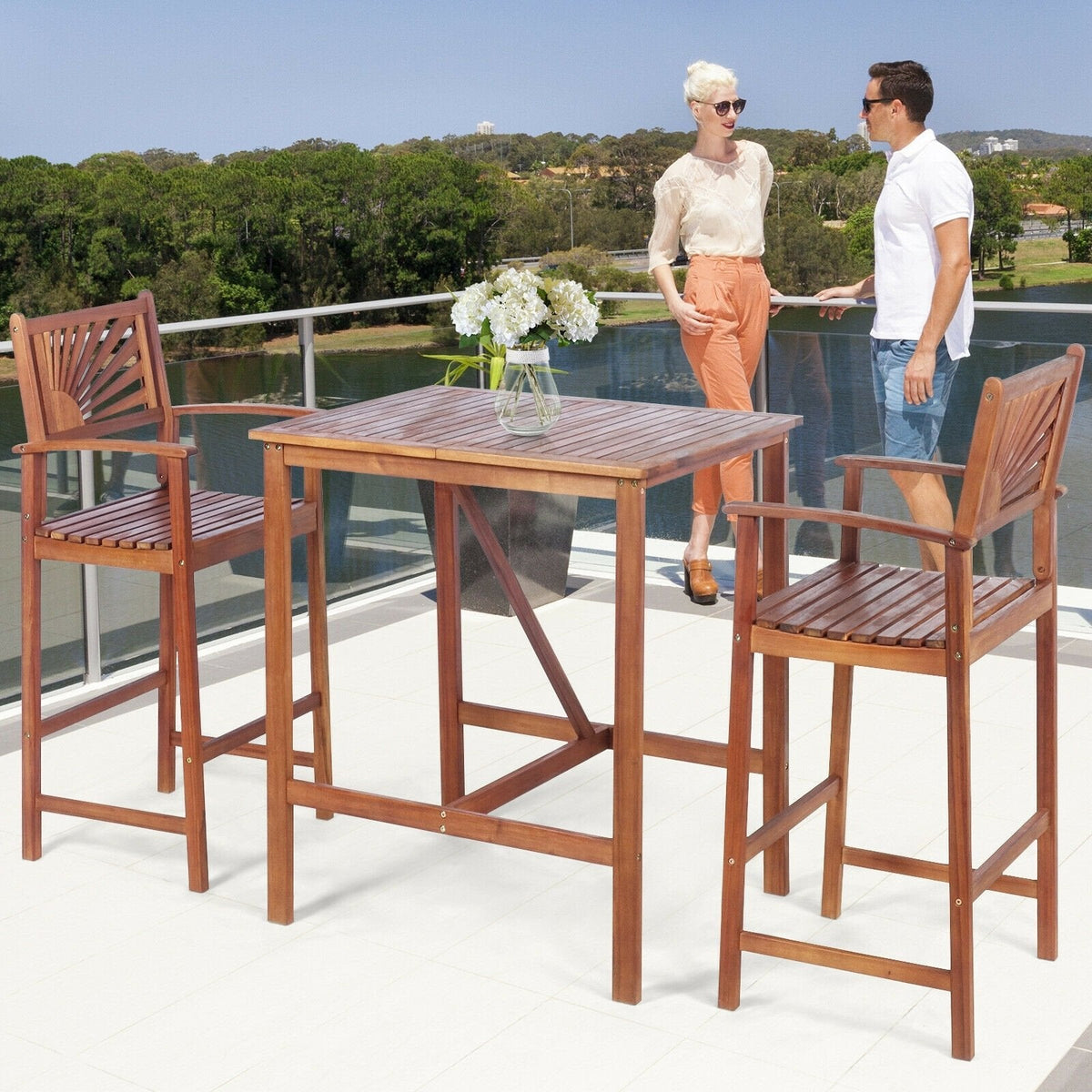 Ensemble de bar de patio 3 pièces en bois d'acacia avec dossier à motif de tournesol