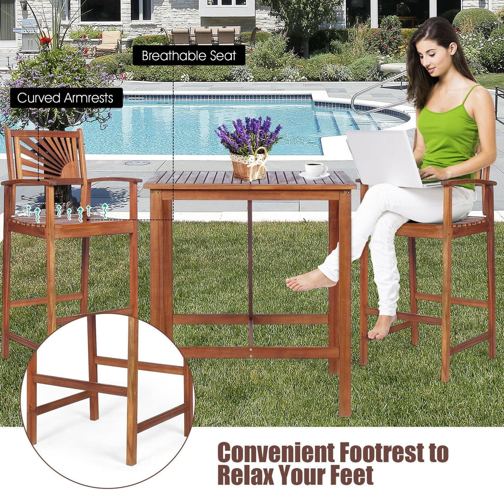 Ensemble de bar de patio 3 pièces en bois d'acacia avec dossier à motif de tournesol
