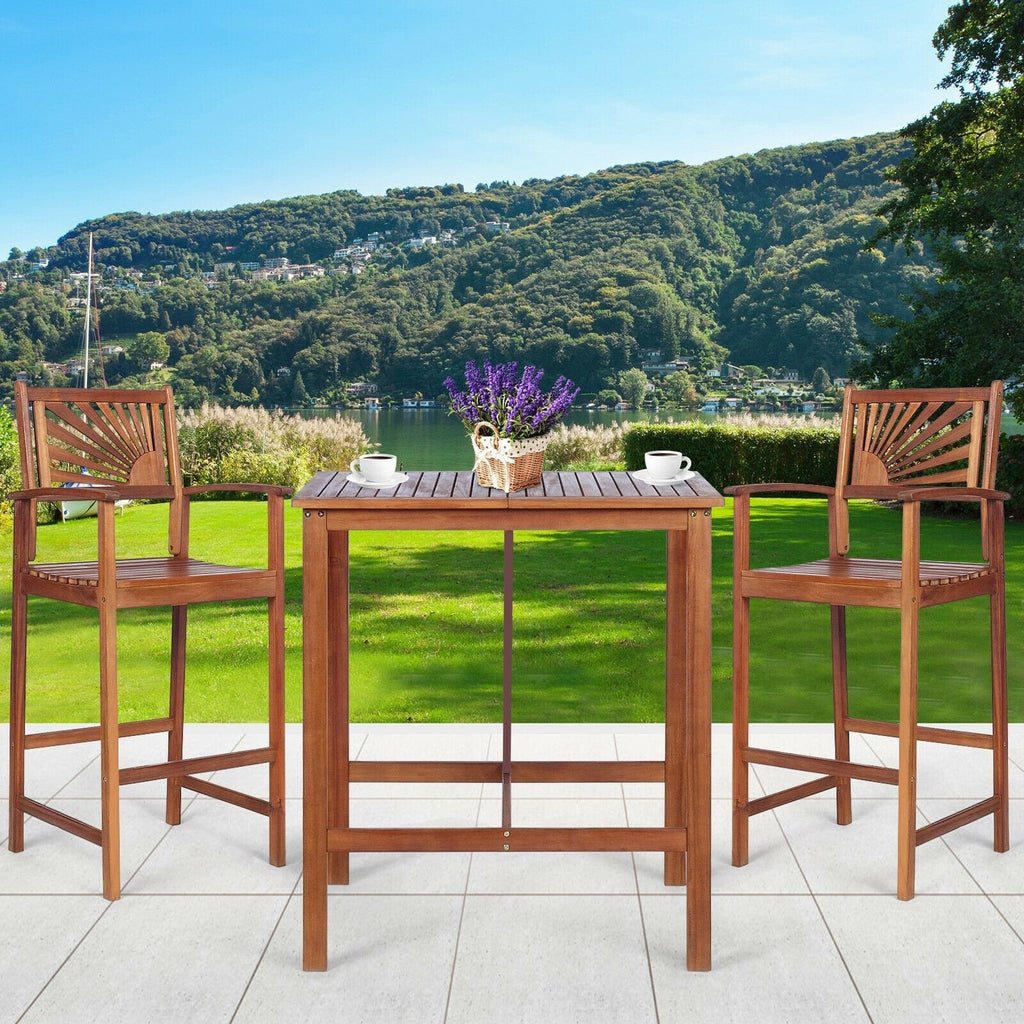 Ensemble de bar de patio 3 pièces en bois d'acacia avec dossier à motif de tournesol