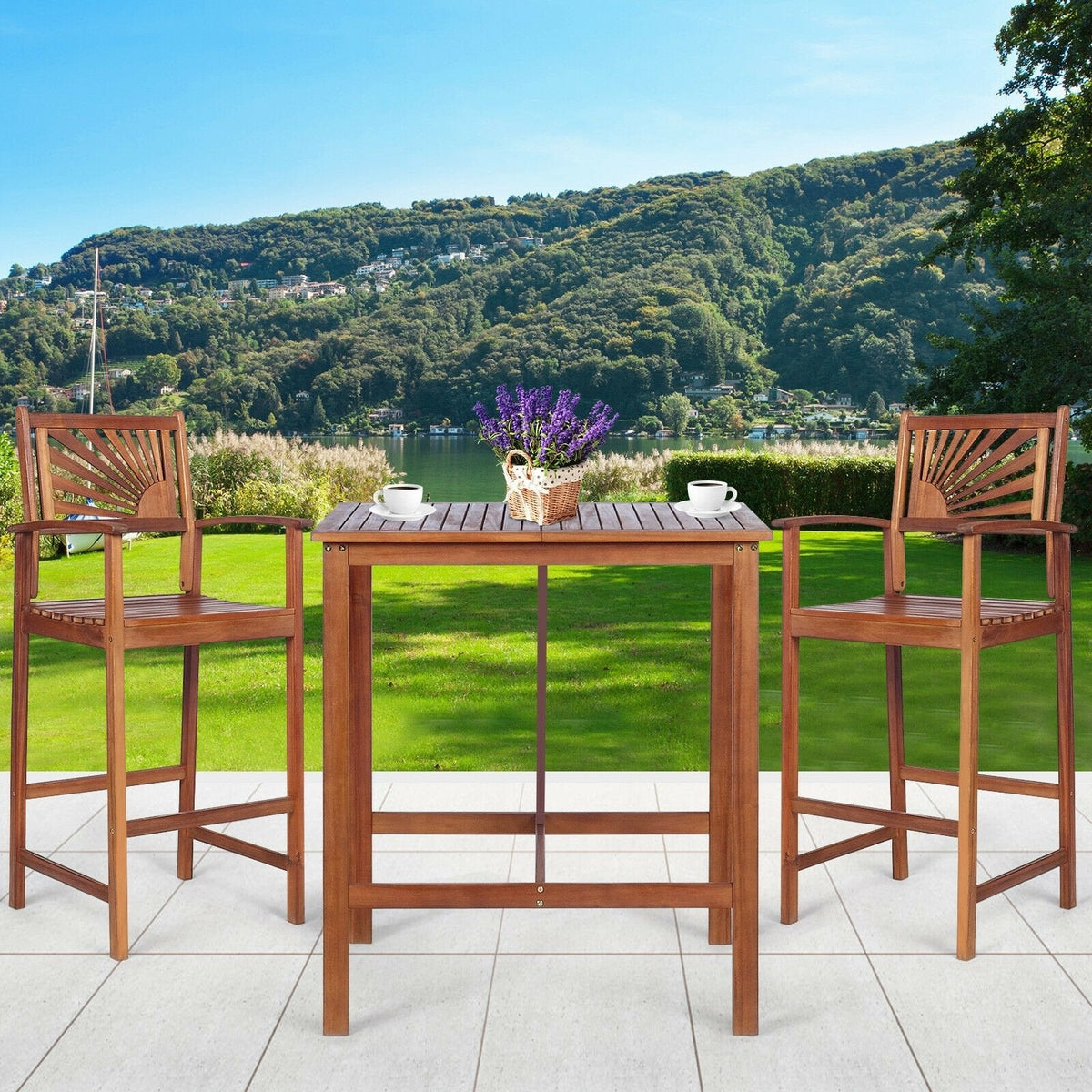 Ensemble de bar de patio 3 pièces en bois d'acacia avec dossier à motif de tournesol