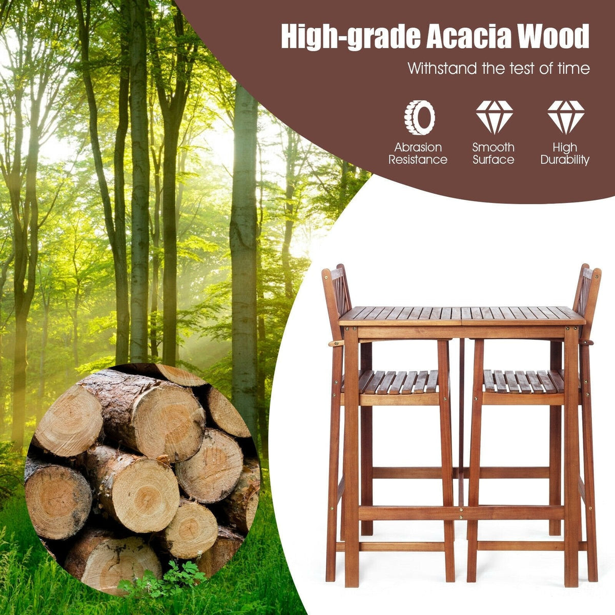 Ensemble de bar de patio 3 pièces en bois d'acacia avec dossier à motif de tournesol