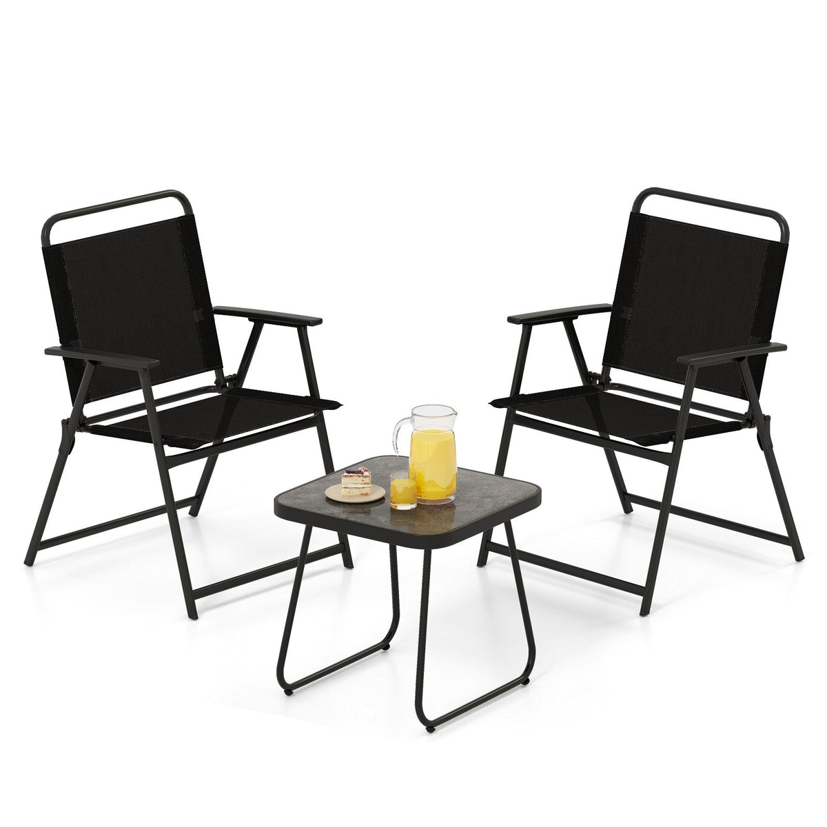 3-teiliges, klappbares Terrassen-Sitzgruppe-Set, 2 Sling-Sessel mit einer Belastbarkeit von 330 lb und 1 Beistelltisch mit 18 Zoll, Schwarz