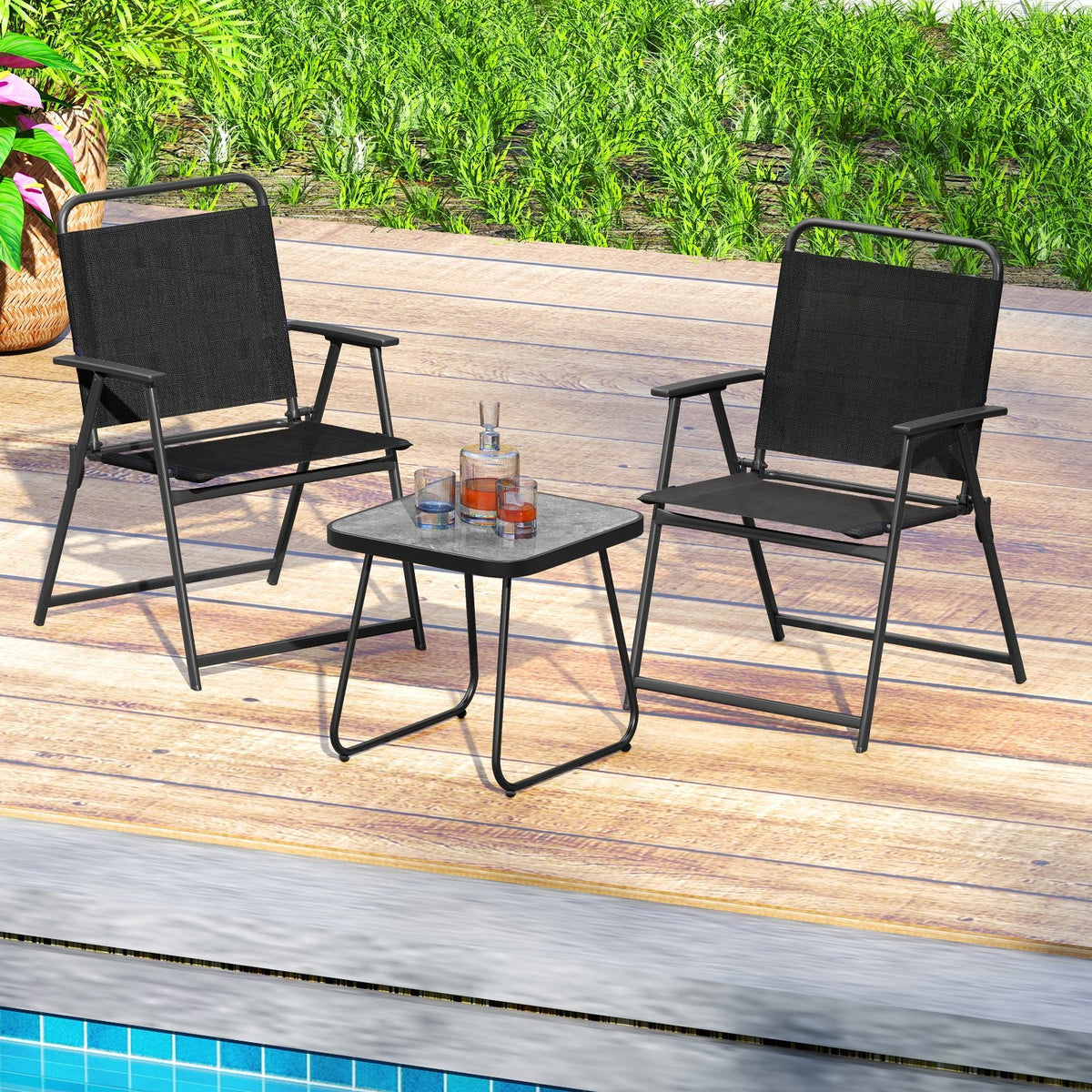 3-teiliges, klappbares Terrassen-Sitzgruppe-Set, 2 Sling-Sessel mit einer Belastbarkeit von 330 lb und 1 Beistelltisch mit 18 Zoll, Schwarz