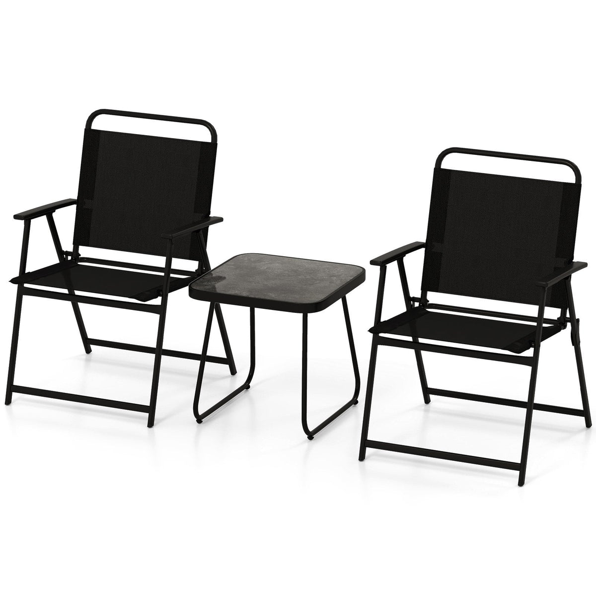 3-teiliges, klappbares Terrassen-Sitzgruppe-Set, 2 Sling-Sessel mit einer Belastbarkeit von 330 lb und 1 Beistelltisch mit 18 Zoll, Schwarz